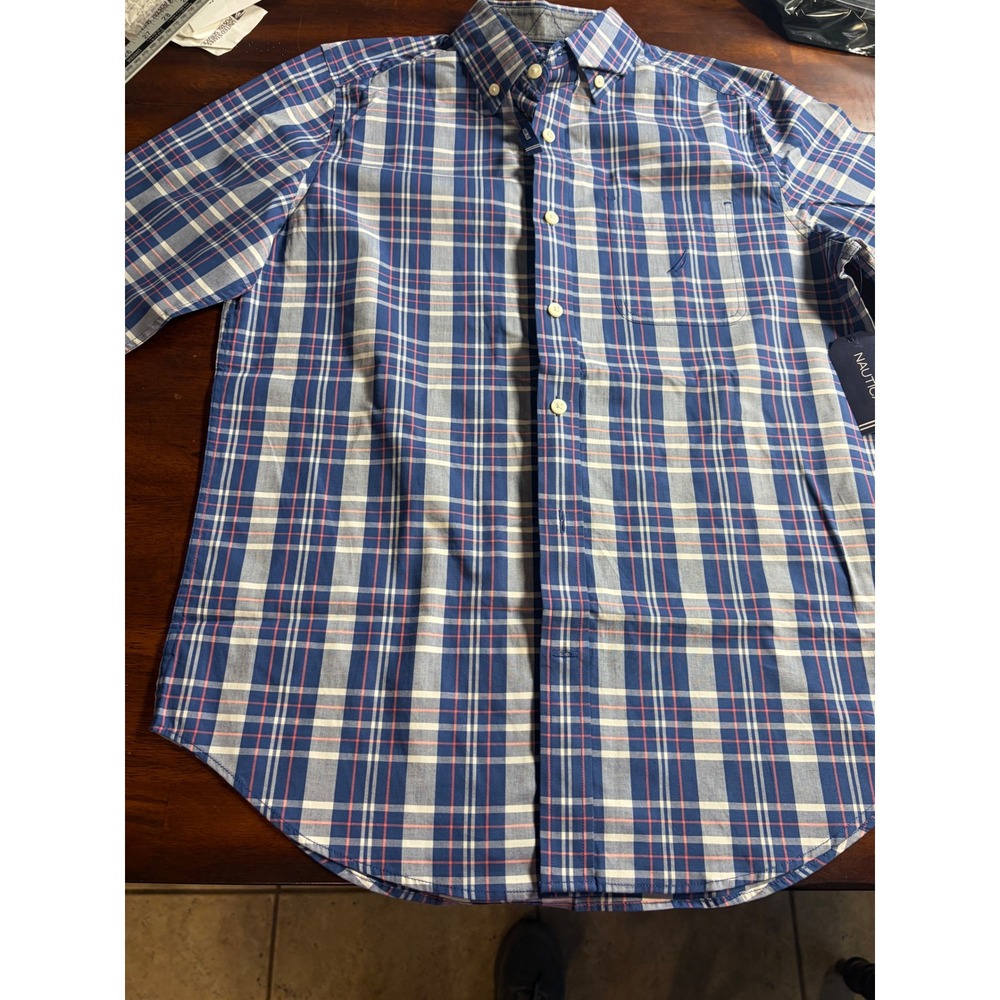 Nautica Mens XS Blue Plaid Short Sleeve Button Down Shirt Classic Fit W28104 NWT